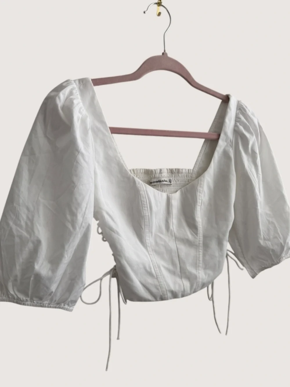 Abercrombie & Fitch White Puff Sleeve‎ Lace Up Crop Top size XXS